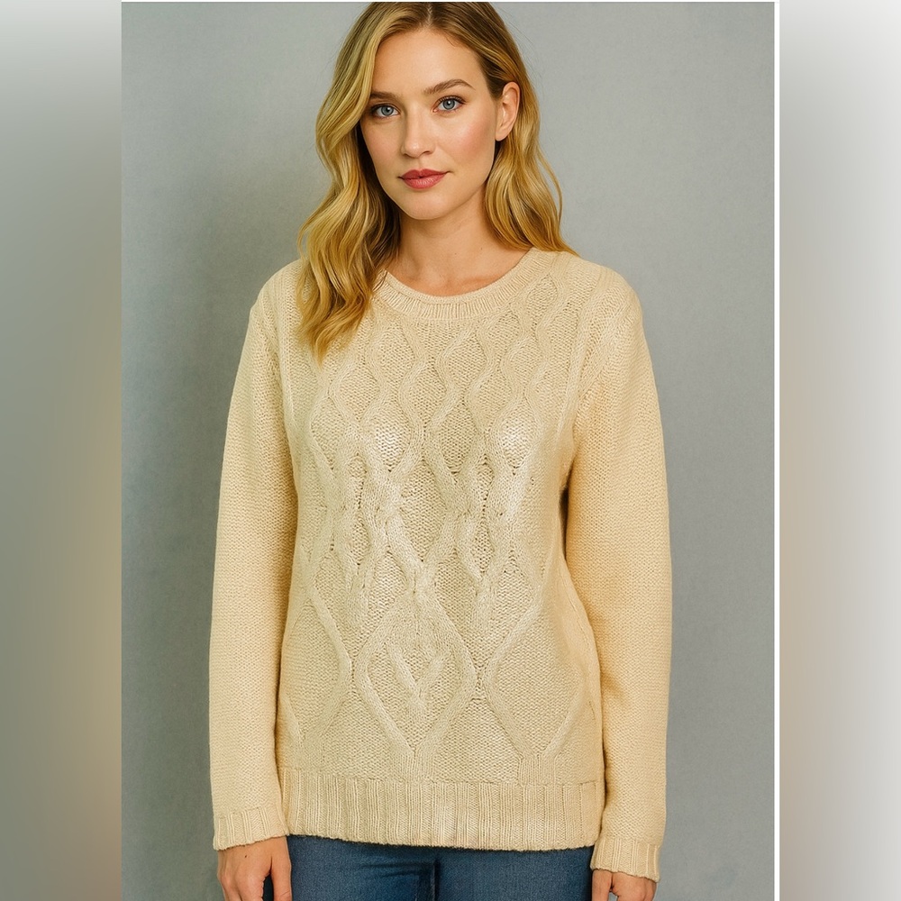 NARCISO RODRIGUEZ PALE GOLD BEIGE METALLIC FOIL THICK LONG SLEEVE SWEATER XL NWT